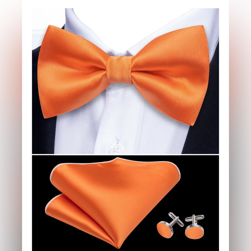 Gusleson fashion Orange Solid Silk Pre Tied Bow Tie Hanky Cufflinks Set - Picture 5 of 9